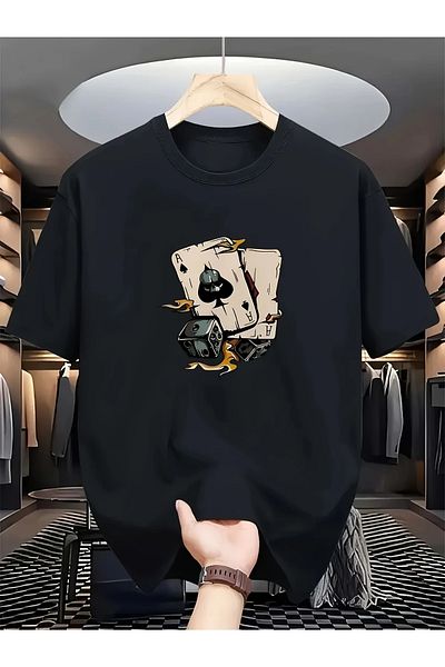 Pink Sky Unisex βαμβακερό μαύρο oversize μπλουζάκι με στάμπα "Poker Card" με λαιμόκοψη