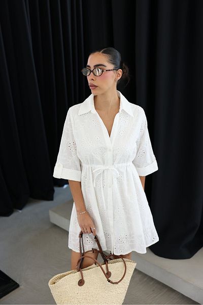 Özge Özgenç Shirt Collar Double Sleeve Guipure Dress