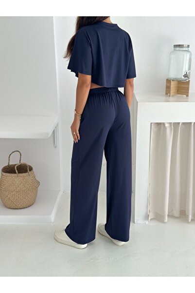 winmoda Summer Soft Textured Bottom Top Set / Top Bat Tshirt - Bottom Baggy Long Pants