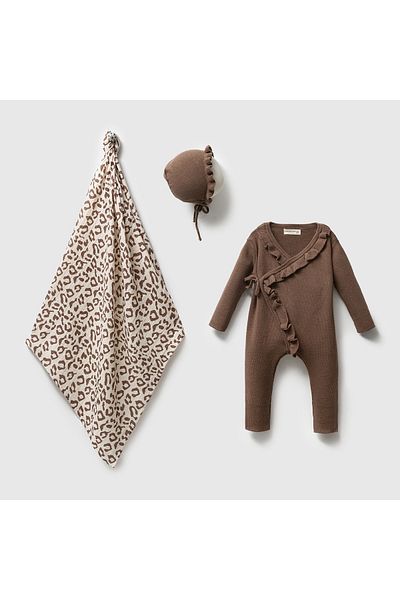 Mert Baby Leopard Muslin Blanket Knitwear Jumpsuit Hat Hospital Set