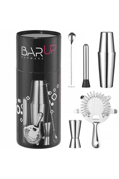 Bar up Set barman în tub, shaker, jigger, strecurătoare, blender, lingură - argintiu