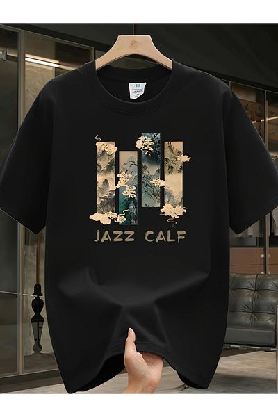 Pink Sky Unisex βαμβακερό μαύρο oversize μπλουζάκι με στάμπα "Jazz Calf" με λαιμόκοψη