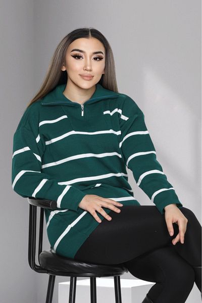 LocaMz Green Collar Zipper Striped Knitwear Tunic