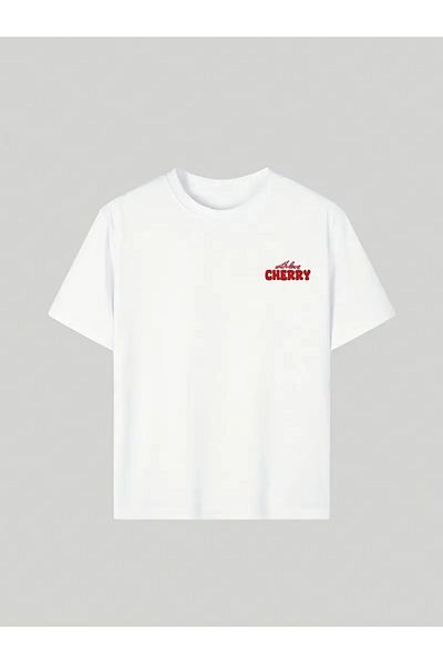 aynewmoda Tricou casual cu imprimeu cirese pentru femei, design „Cirese cu dragoste”, mâneci scurte, gât rotund