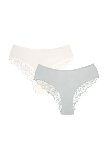 ESOTIQ Set de 2 chiloți hipster pentru femei, cu imprimeu față din bumbac și spate brazilian din dantelă | Pelia