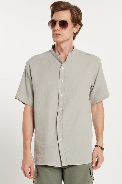 Tudors Men's Relax Fit Relaxed Fit 100% Cotton Muslin Fabric Short Sleeve Sports Judge Collar Gray Shirt