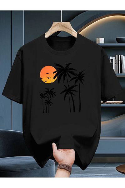 Pink Sky Unisex βαμβακερό μαύρο oversize μπλουζάκι με στάμπα "Palm and Sunset" με λαιμόκοψη