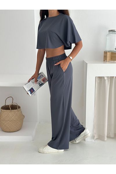 winmoda Summer Soft Textured Bottom Top Set / Top Bat Tshirt - Bottom Baggy Long Pants
