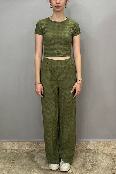 Tam Moda Women's Khaki Color Pants-Crew Neck Blouse Set