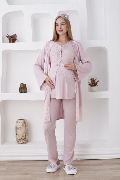 Lohussa Women's Powder Special Design Buttoned Lace Maternity Maternity Dressing Gown Pajama Set Set of 3