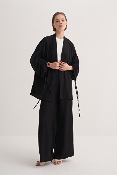 EBU Prive Women's Knitted Fabric Drawstring Detailed Kimono Set Black