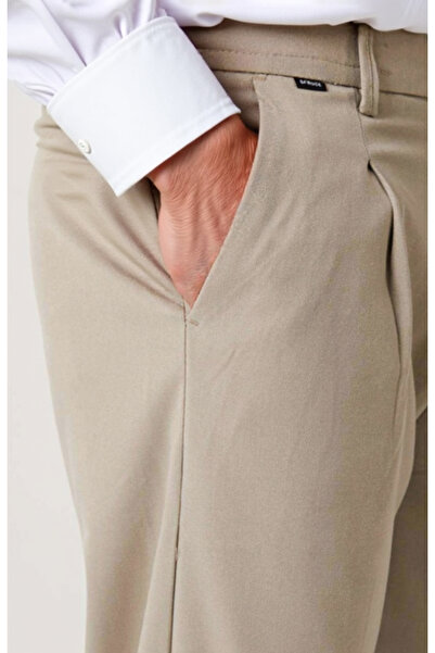 Fandr Store Bej Erkek Pileli Beli Lastikli Baggy Kalıp Kumaş Pantolon