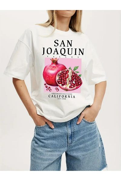 aynewmoda Casual Pomegranate Print T-Shirt for Women, Knitted, Geometric Pattern, Short Sleeves and Round Neck