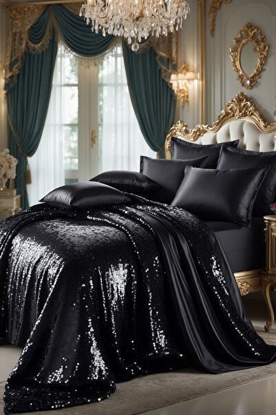 Helen George – Siyah Saten Nevresim Takımı + Payetli Yatak Örtüsü Seti (6 Yastık Kılıflı Lüks Set)