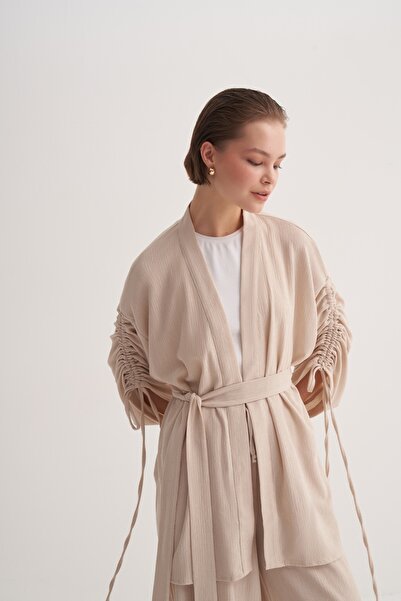 EBU Prive Women's Knitted Fabric Drawstring Detailed Kimono Suit Beige