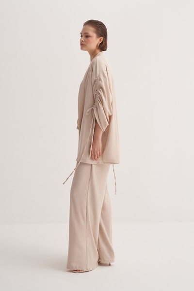 EBU Prive Women's Knitted Fabric Drawstring Detailed Kimono Suit Beige