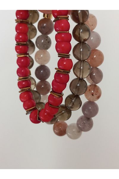 LemaStone Red Coral, Smoky Quartz and Agate Stone Triple Natural Stone Bracelet Set