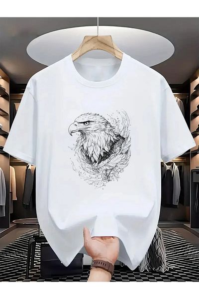 Pink Sky Unisex βαμβακερό λευκό oversize "Eagle" με στάμπα με λαιμόκοψη άνετο μπλουζάκι