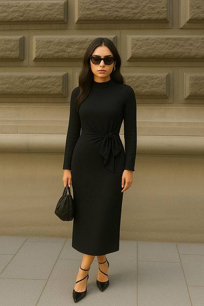 Machetta Women's Long Sleeve Side Tie Detail Turtleneck Slit Dress