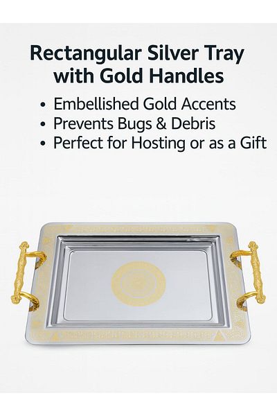 TSUMAB Luxury Rectangular Silver Tray with Gold Handles