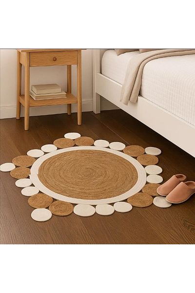 genric FFD Natural Jute and Fabric Round Rug, 95cm Diameter – Eco-Friendly Handwoven Carpet 120x120cm