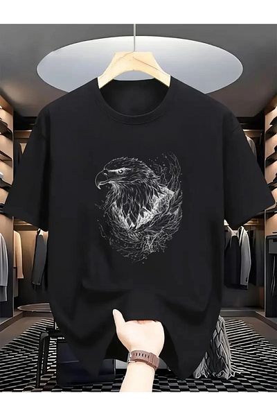 Pink Sky Unisex βαμβακερό μαύρο oversize "Eagle" με στάμπα με λαιμόκοψη άνετο μπλουζάκι