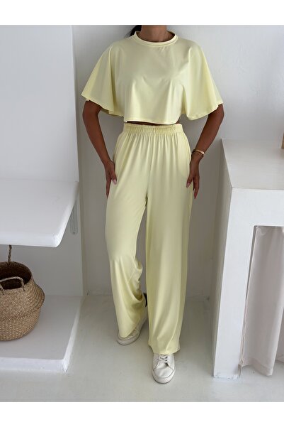 winmoda Summer Soft Textured Bottom Top Set / Top Bat Tshirt - Bottom Baggy Long Pants