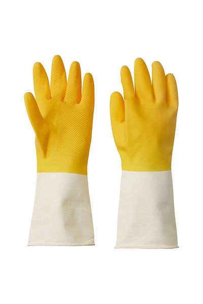 HOLLYHOME General Cleaning and Dishwashing Gloves, Bright Yellow-Off White Gloves, M, 2 Pcs