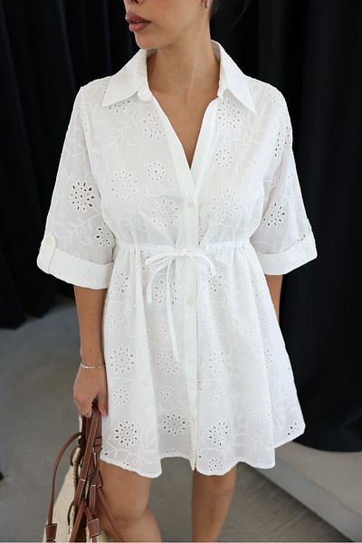 Özge Özgenç Shirt Collar Double Sleeve Guipure Dress