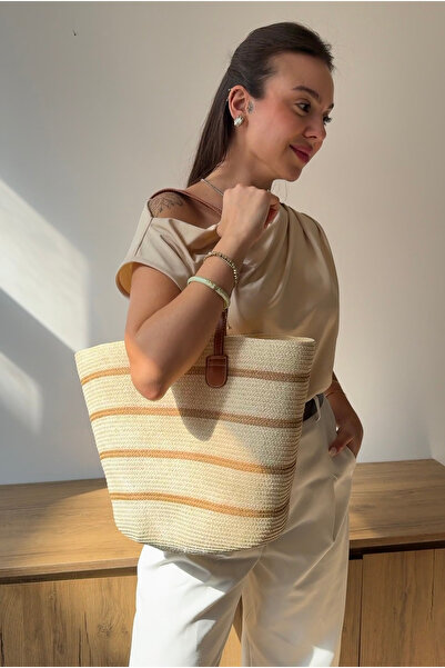 Mupa Shoes Women's Straw Hand and Shoulder Bag Beige Straw Camel Striped