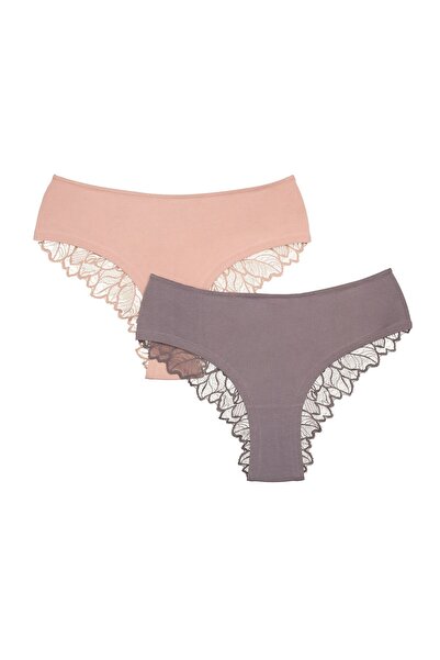 ESOTIQ Set de 2 chiloți hipster pentru femei, cu imprimeu față din bumbac și spate brazilian din dantelă | Pelia
