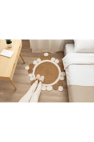 genric FFD Natural Jute and Fabric Round Rug, 95cm Diameter – Eco-Friendly Handwoven Carpet 120x120cm