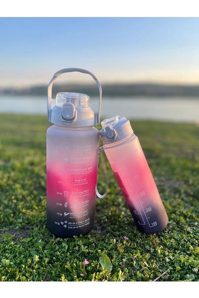 M&B WATER BOTTLE زجاجة مياه تحفيزية سعة 2 لتر | زجاجة مياه 2 لتر وزجاجة رياضية 900 مل مع جرو