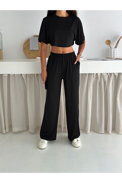 winmoda Summer Soft Textured Bottom Top Set / Top Bat Tshirt - Bottom Baggy Long Pants