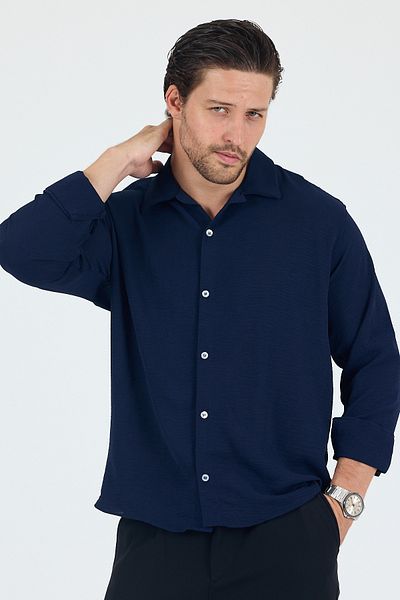 Trn JNS Tokyo Navy Blue Summer Aerobin Linen Textured Comfortable Fit Oversize Men's Shirt
