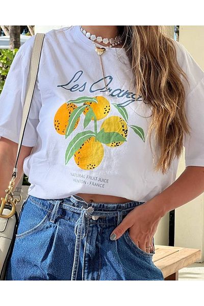 aynewmoda Lemon Fruit Pattern Short Sleeve Round Neck T-Shirt