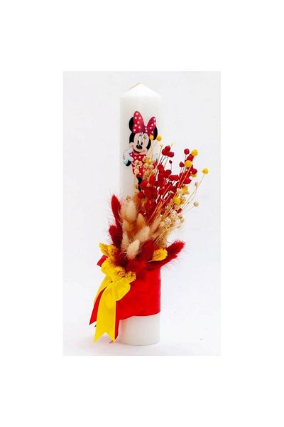 OEM Lumânare Botez, Flori Uscate și Minnie Mouse, 35x6cm, Roșu-Galben