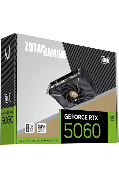 Zotac بطاقة رسومات للألعاب GeForce RTX 5060 Solo DLSS 4 سعة 8 جيجابايت GDDR7 PCIE 5.0، جاهزة لـ SFF