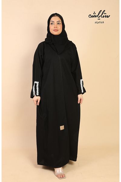 Stylish Black wrap abaya with pearl embellishments on the sleeves