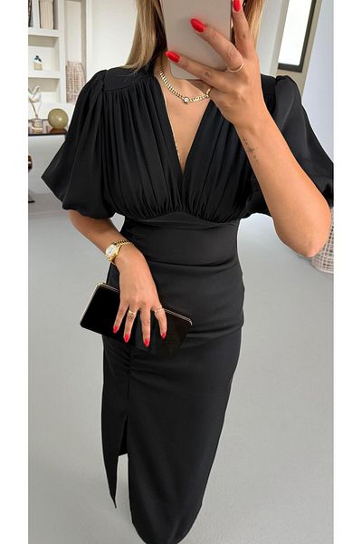 Sezgi Tekin Drape Detail Slit Black Satin Dress