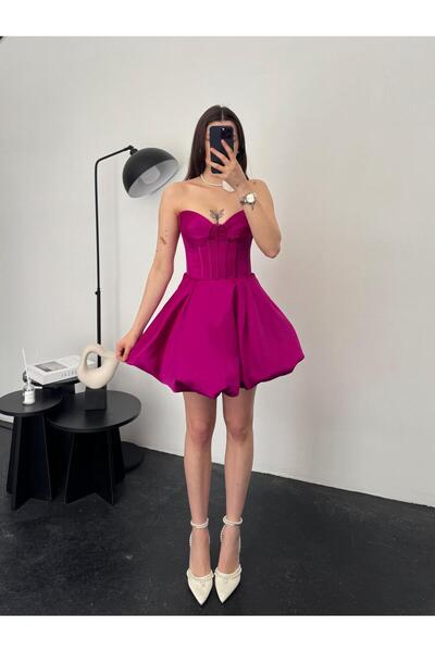 OYKUWEAR Bubbles Korse Detay Balon Etek Fuşya Abiye
