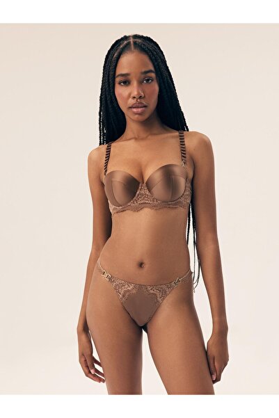 ESOTIQ Women's Satin Thong G-String Panties with Lace Back & Golden Details | Brillant