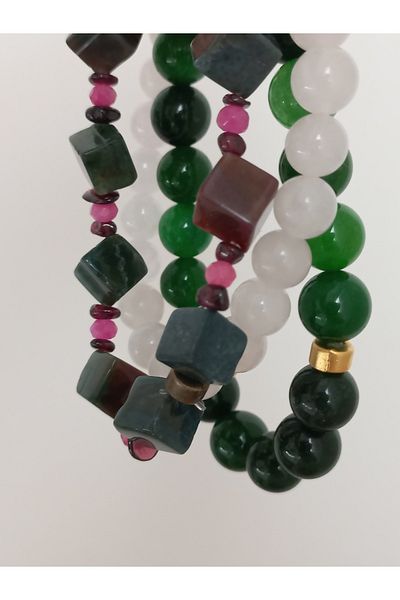 LemaStone Tibetan Agate,Lal Garnet Stone Bracelet, Pink Quartz Bracelet and Green Agate Natural Stone Triple Bracelet
