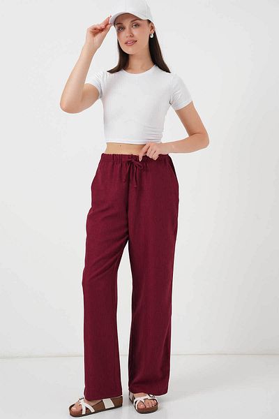 Bigdart Wide Leg Linen Burgundy Women's Trousers 6735