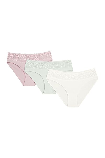 ESOTIQ Women's High Waist Panties 3-Pack Set Classic Cotton Briefs with Floral Lace Hem | Plum