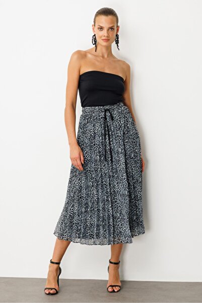 accort Beli Lastik Pileli Şifon Etek-SİYAH