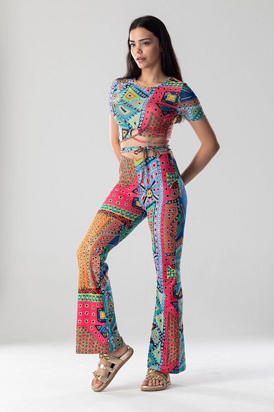 Mood Lab Lycra Body Hugging Crop Tie Detail Top - Palazzo Leg High Waist Bottom 2-Piece Knitted Set