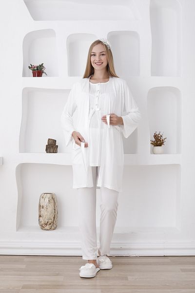 Lohussa Women's Ecru Special Design Buttoned Lace Maternity Maternity Dressing Gown Pajama Set Set of 3