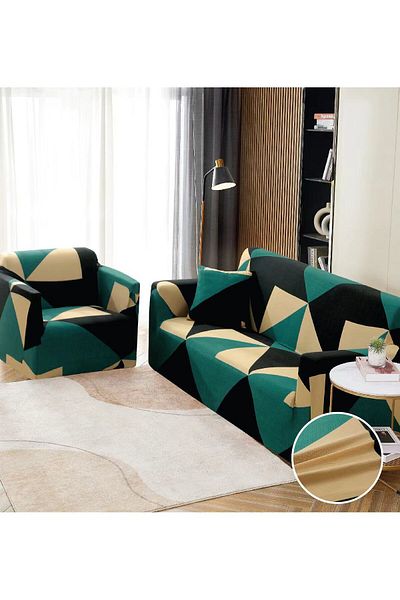 trendyhome Husă elastică cu brațe, canapea cu 2 locuri, verde/galben/negru, J11229