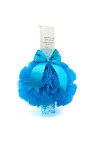 OEM Lumanare de botez, Τούλι, mesaj-Dragoste de la Nasi, 35x5cm, Albastru Marin